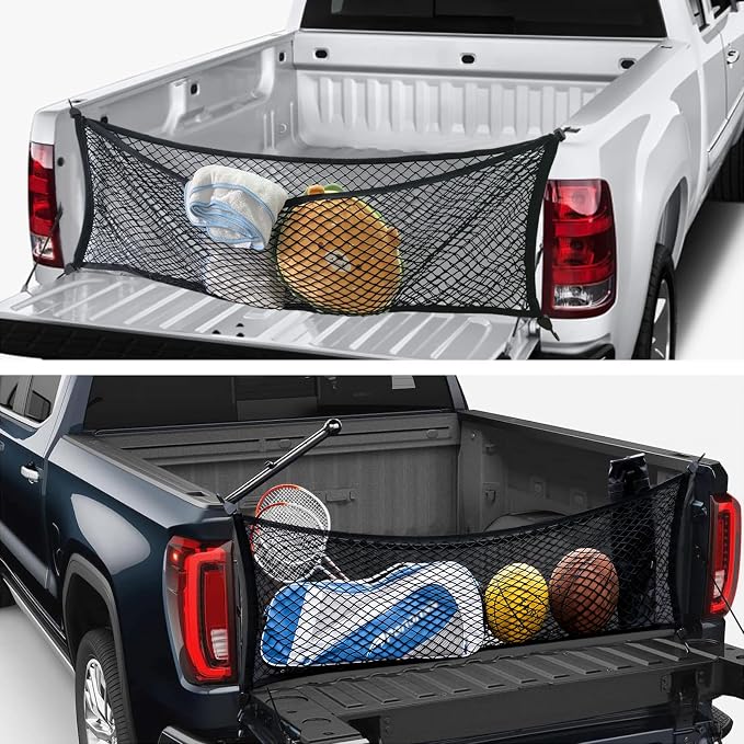 Truck Bed Cargo Net 60x18 Inch Elastic Double Mesh Organizer for Ford F150 Chevy Silverado GMC Sierra Heavy Duty Truck Bed Storage Net with ABS Hooks Automotive Cargo Net for Pickup