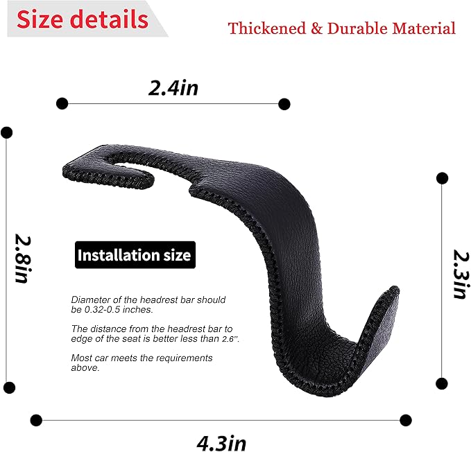 Amooca Car Seat Headrest Hook Universal Vehicle Storage Hanger Leather with Metal Car Seat Back Organizer for Handbag Purse Coat Black 2 Pack