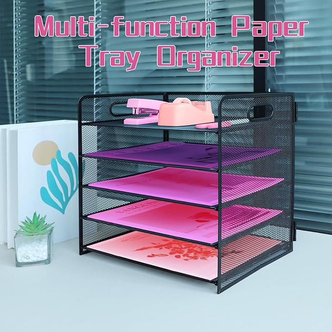 5 Tier Lettrer Tray Organizer with Handle, Metal Mesh Desk File Organizer with Sliding Trays, Paper Sorter Desk for Home Office School, Black