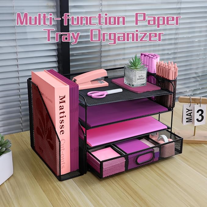 Desk Organizers and Accessories with File Holder, 4-Tier Paper Letter Tray Organiser with Drawer and 2 Pen Holder, Mesh Desktop Document Organizer for Office Supplies, Workspace - Black