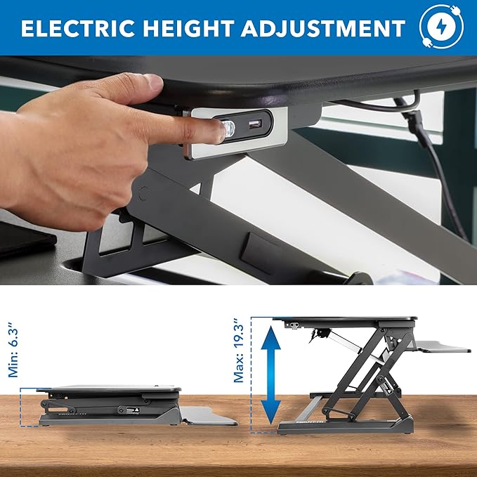 Mount-It! Electric Standing Desk Converter with Dual Monitor Arms for 2 Screens (Max 32"), Large 35.4" Wide Desktop, Motorized Stand Up Desk Riser, Keyboard Tray, USB, Black Stand up Desk Convertor