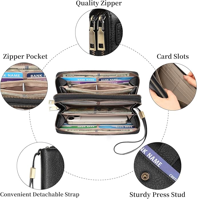 GAEKEAO Womens Wallet Large Capacity Double Zipper Ladies Card Phone Holder RFID Blocking Leather Clutch Wristlet Grip Strap