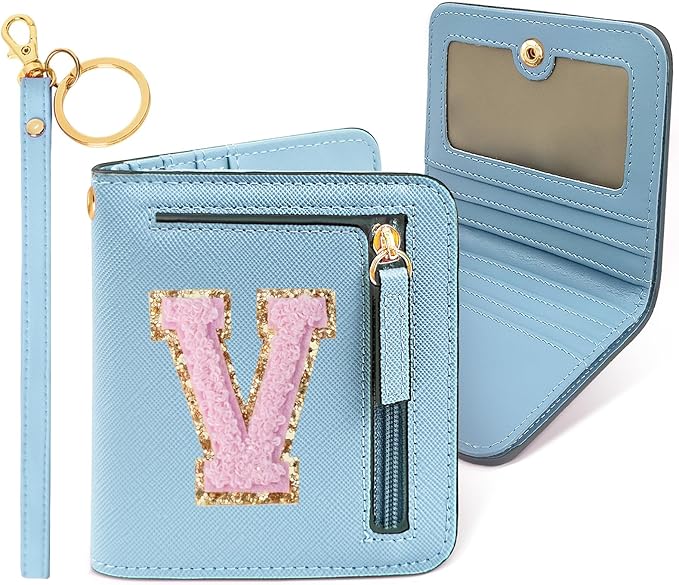 COSHAYSOO Personalized Easter Basket Stuffer Birthday Graduation Appreciation Thanksgiving Gifts for Girls 7 8 9 10 11 12 13 14 year old RFID Wallet Blue Small Initial Letter V