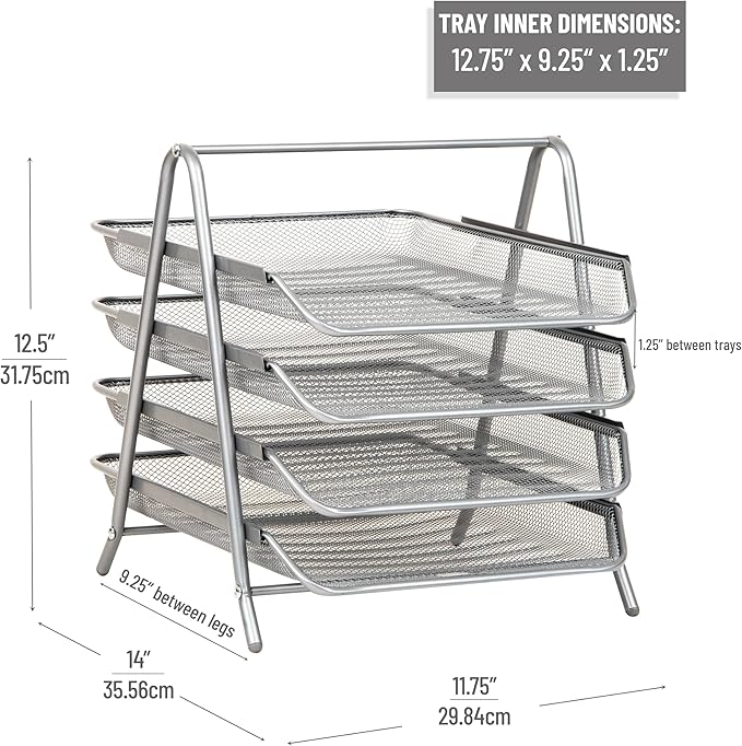 Mind Reader 4-Tier Paper Tray, Desktop Organizer, File Storage, Office, Metal Mesh, 12"L x 13.75"W x 12.5"H, Silver