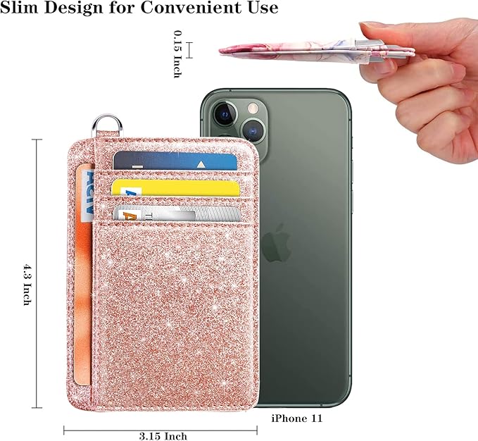 Coco Rossi Slim Front Pocket Wallet RFID ID Card Holder Cute Small Wallet with Keychian for Women,Rose Gold Glitter