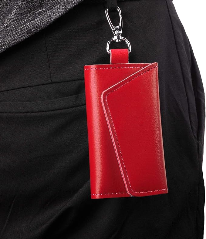 BAKUN Compact Leather Car Key Case, Key Holder Key Organizer Wallet, With 6 Hooks(Red)