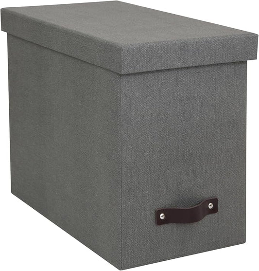 Bigso John Desktop File Box - Storage Solution and Document Organizer for Important Paperwork - Durable Hanging File Box with a Lid and Leather Handle - 7.36 in x 13.26 in x 10.51 in - Grey