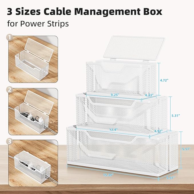 3 Pack Cable Management Box, Metal Mesh Cord Organizer Box for TV Wires, Electrical Hiding, Power Strip – Under Desk Cable Storage Box with Cable Clips&Reusable Cable Ties for HomeOffice - White