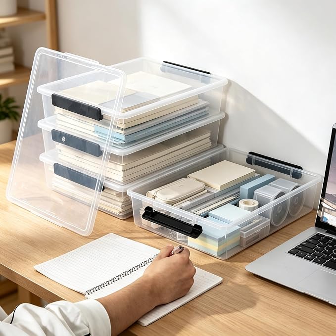 6 Qt Clear Flat Plastic File Storage Bins with Latch Lid, 4-Pack | Stackable Organization Box for Art Supplies, Craft, A4 Paper, Documents