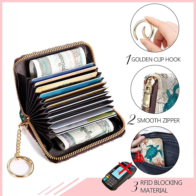 Blusabaca RFID Credit Card Holder Wallets for Women, Small Card Case Wallet with Keychain and Zipper, Leather Card Holder Sea Turtle Pocket Business Card Accordion Wallet