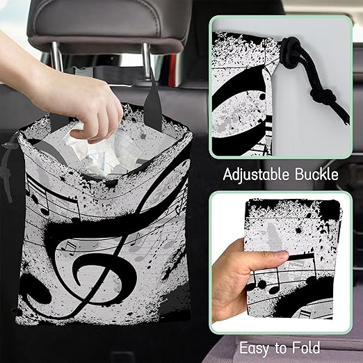 Music Notes Car Garbage Bag,Waterproof Small Car Trash Bag Hanging Back of Seat,Drawstring Hanging Car Trash Bag with Adjustable Buckle for Car Accessories