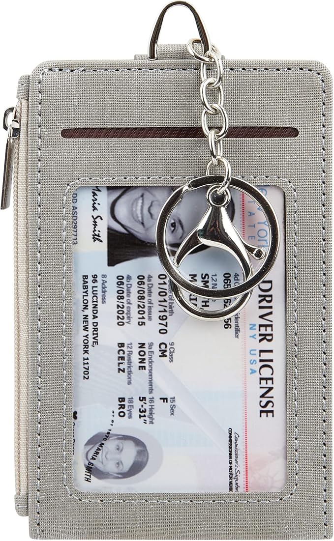 Women & Men Keychain Card Holder Case Zipper Slim Minimalist Front Pocket Wallet with 2 ID Window, Grey