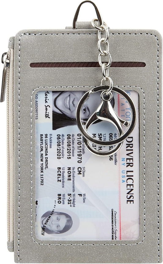 Women & Men Keychain Card Holder Case Zipper Slim Minimalist Front Pocket Wallet with 2 ID Window, Grey