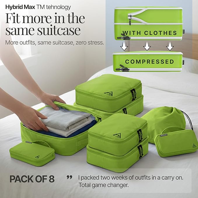 8-Piece Luxury Compression Packing Cubes & Bags for Travel – Maximize Space in Luggage with HybridMax Double-Capacity Design, 50 Luggage Tags, Deluxe Set, Lifetime Satisfaction Suitcase Organizer Bags