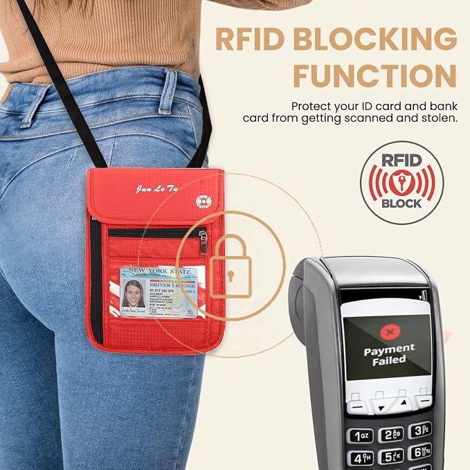 Passport Holder for Travel, RFID Passport Wallet with Visual Window Design, Multifunctional Document Organizer, Waterproof Travel Pouch Neck Wallet for Men and Women, Red
