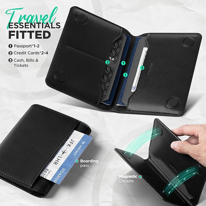 VULKIT Slim Minimalist Passport Wallet RFID Blocking Passport Holder for Travel, Leather Travel Wallet for Men Women, Magnetic Closure