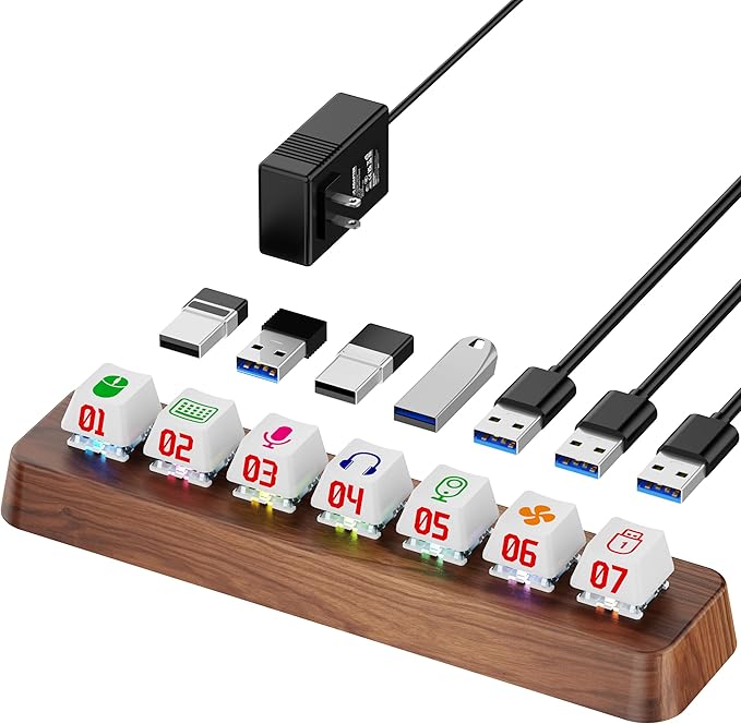 7-Port USB 3.0 Powered Hub, RGB Lighting, Hot-Swappable Cherry MX Switch Support, 5Gbps Speed, Includes 12V/2A Power Adapter, Walnut Wood Cyberpunk USB Dock-FU0736