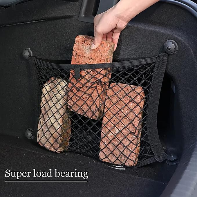 2 Pack Universal Mesh Cargo Net，BetterJonny Stretchable Elastic Automotive Cargo Nets with 8 Pieces Mounting Screws and Hooks for Car Trunk Storage Mesh Pocket Net (Black)