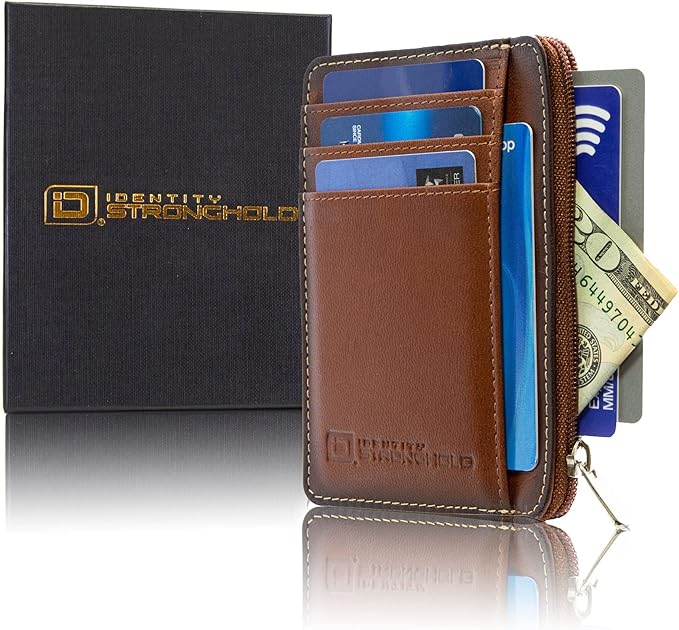 ID Stronghold RFID Blocking Front Pocket Wallet – Slim Minimalist Genuine Leather Wallet with Zipper Coin Pocket (Antiqued Brown)