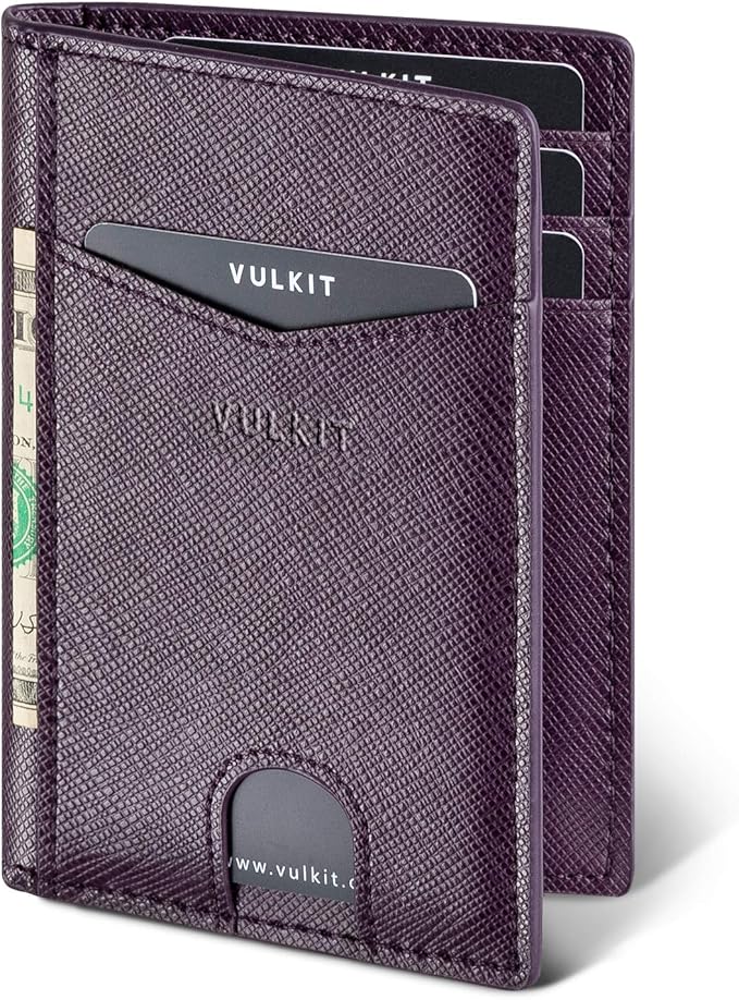 VULKIT Bifold Front Pocket Slim Wallet RFID Blocking Minimalist Thin Leather Credit Card Holder Wallet for Men and Women Cross Wine