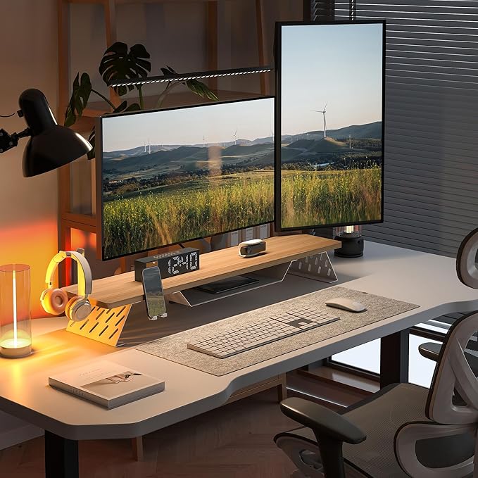 Fenge Dual Monitor Stand, 42.5 Inch Monitor Riser for Desk, Wood Desk Shelf for 2 Monitors, 2 Tier Monitor Shelf with Headphone Stand & Phone Holder