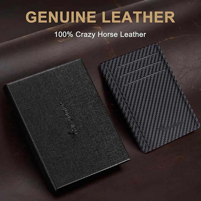 Travelambo 100% Genuine Leather Wallet for Men and Women, Slim Minimalist RFID Blocking Front Pocket Credit Card Holder with Gift Box(Carbon Fiber Black)