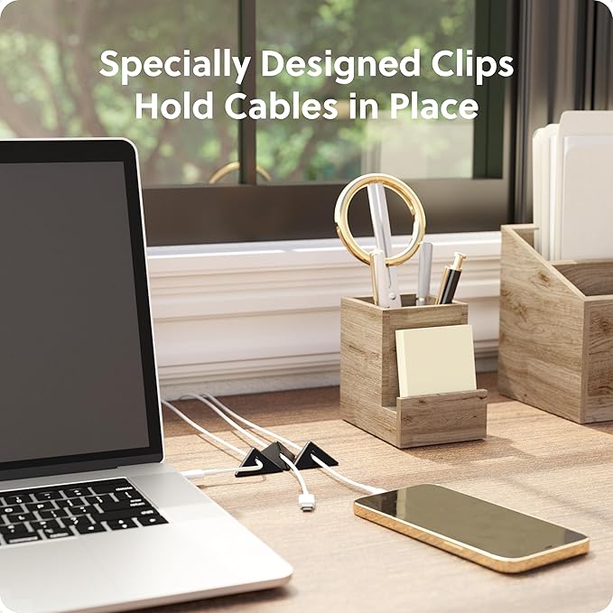 U Brands Black Silicone Pyramid Cable Clips 12 Pack, Adhesive Cord Organizer, Cable Management Clips for Desk, Office, and Travel