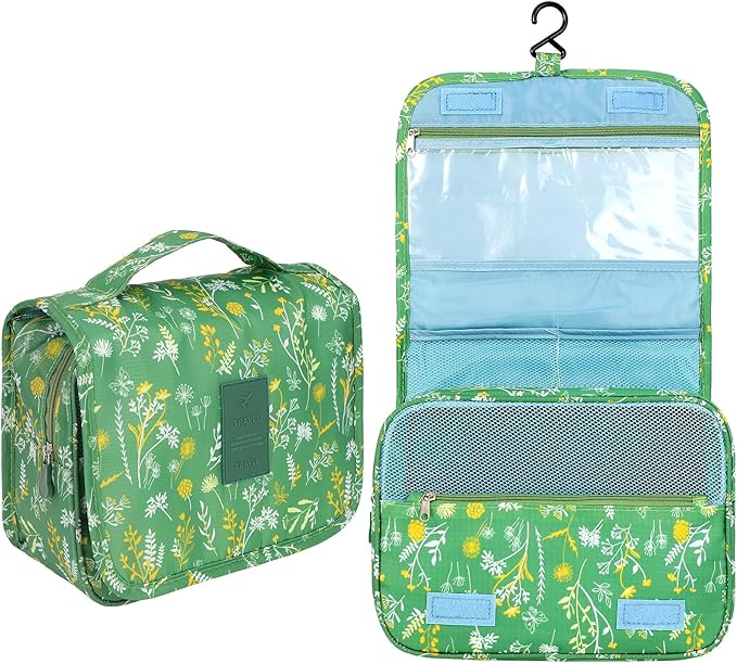 Pengxiaomei Hanging Toiletry Bag, Green Floral Waterproof Cosmetic Bag Portable Makeup Pouch Wash Bag with Handle for Kids Teen Girls Tea Party Spring Party Mothers Day Gifts