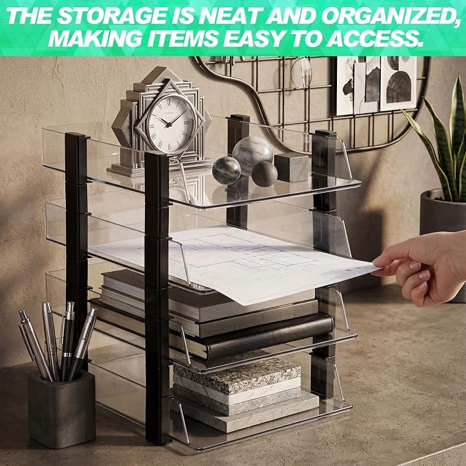 SiliFine 4 Tier Clear Stackable Desk Organizer 12.68 x 10.47 x 12.91 Inch Plastic Letter File Trays Rectangular Paper Storage Holder for Office Desktop Document Classroom Hospital(Black)