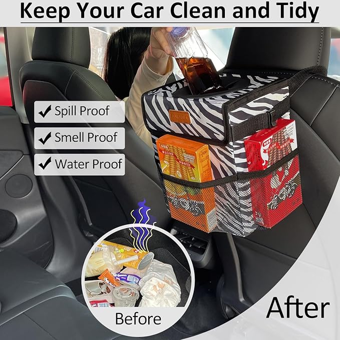 ELONGRIVER Car Trash Can Bin for Back Seat Leak Proof, Cute Car Trash Bag Hanging, Vehicle Trash Can for SUV Truck Van, Automotive Garbage Cans Front Seat Zebra