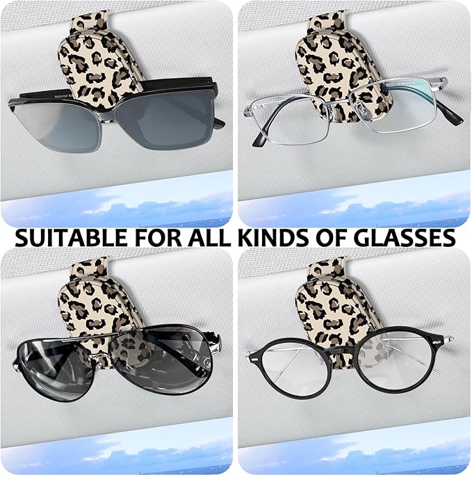 2 Pack Sunglass Holder for Car Visor, Universal Magnetic Car Sunglass Holder for Different Size Eyeglasses, Car Visor Accessories (Leopard-Yellow)