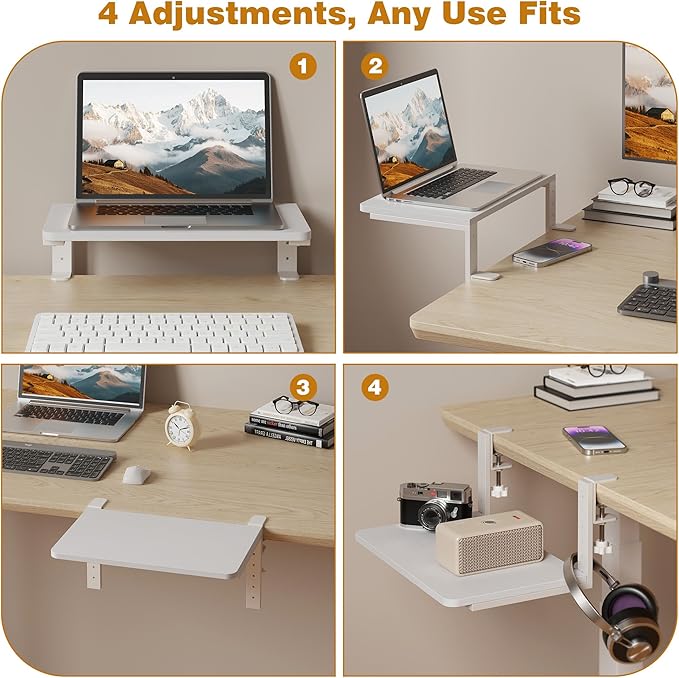 Desk Extender, 15-inch Clamp-On Desk Shelf, Height-Adjustable Desktop Shelf Organizer for Monitors Office and Gaming Accessories, Arm Support Table Extension, 44lbs Heavy Duty, White