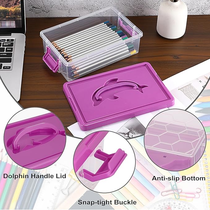 BTSKY 1-Pack Clear Plastic Storage Box with Lid, Stackable Organizer Featuring Easy-Lift Dolphin Design, Multi-Use Portable Container for Home, Craft, Office, Space-Saving with Secure-Clasp, Purple