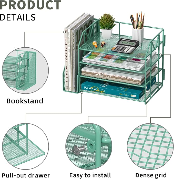 4-Tier Paper File Organizer with Bookend, Metal Desk Organizer, Tiered Paper Tray for Letter/A4 Files, Desktop Office Supplies Storage Rack for Home Office, Classroom, School & Work,Green