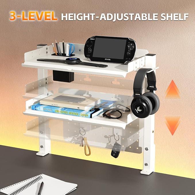 2-Tier Steel Clamp On Desk Shelf, Adjustable 16 inch Desk Storage Shelves with Pegboard and Pencil Holder,Above or Under Heavy Duty Desktop Organizer with Headphone Holder for Desk Accessories (White)