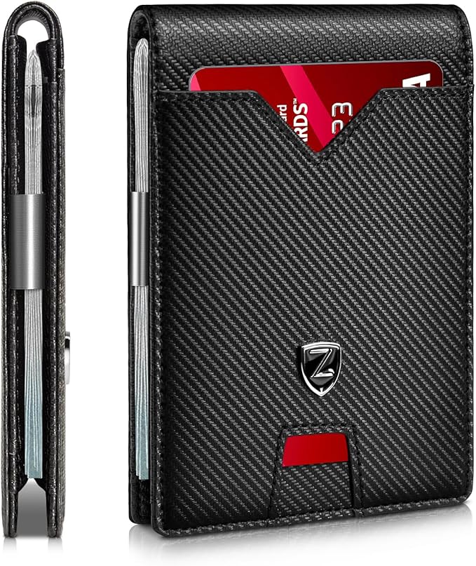Zitahli Slim Wallet for Men with Money Clip, Minimalist Front Pocket RFID Blocking Leather Wallets Bifold Credit Card Holder, 11 Card Slots and ID Window with Gift Box