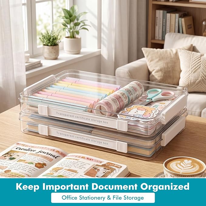 Novabright 3 Pack Clear Plastic File Boxes with Handle Portable Project Case Storage Bin with Lid Transparent Stackable Container Document Magazine Protector for A4 Paper Photo Scrapbook (White)