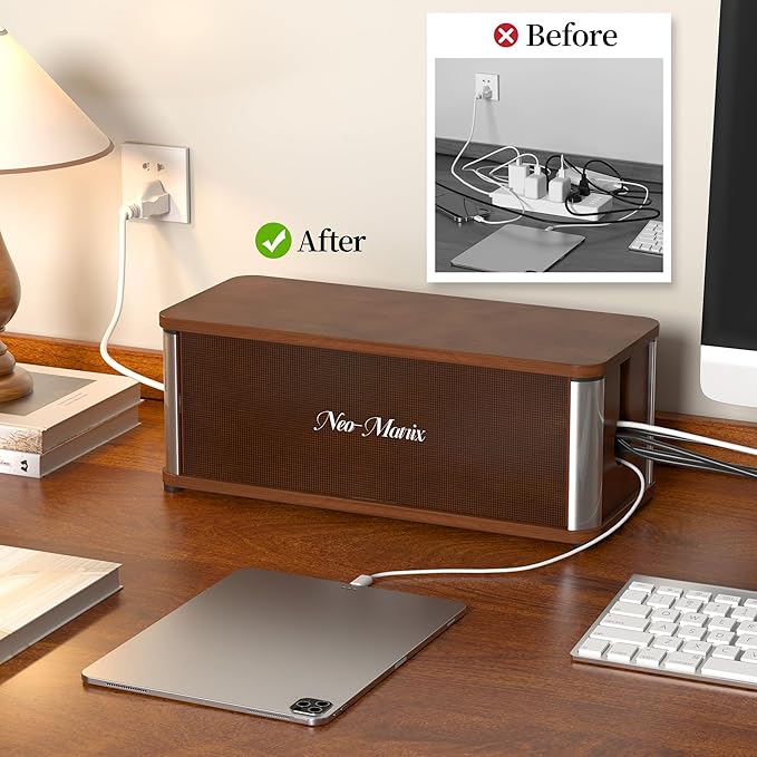 Delamu Wooden Cable Management Box, Retro-Inspired Look Desk Cord Organizer Box for Home Office, Large Cord Hider Box Hides Cords and Power Strips, Floor Cord Covers, 14.3" x 6.0" x 5.5", Dark Brown