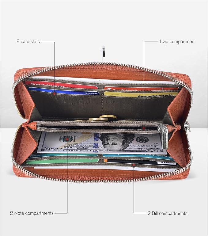 Oak Leathers Tan Leather Wallet for Women - RFID Womens Wallet Clutch with 8 Credit Card Holder, Coin Pocket, Gift for Women’s Cognac Purses