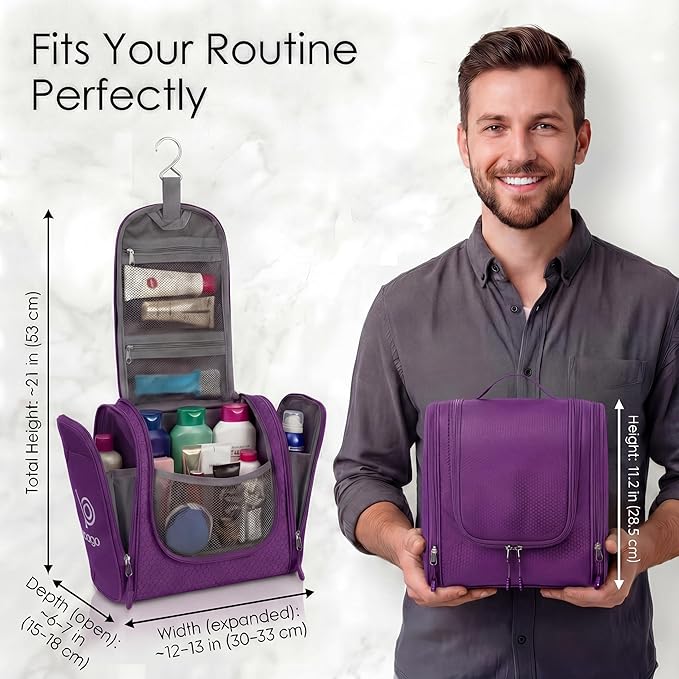 Bago Travel Toiletry Bag for Women and Men X-Large Waterproof Hanging Large Toiletry Bag for Bathroom and Travel Bag for Toiletries Organizer -Travel Makeup Bag (Purple)