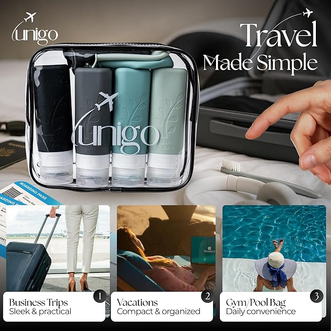 unigo Travel Bottles Set for Toiletries - Leakproof Refillable Travel Size Containers, TSA Approved Bottles with Labels, Brush & Covers for Carry-On Travel