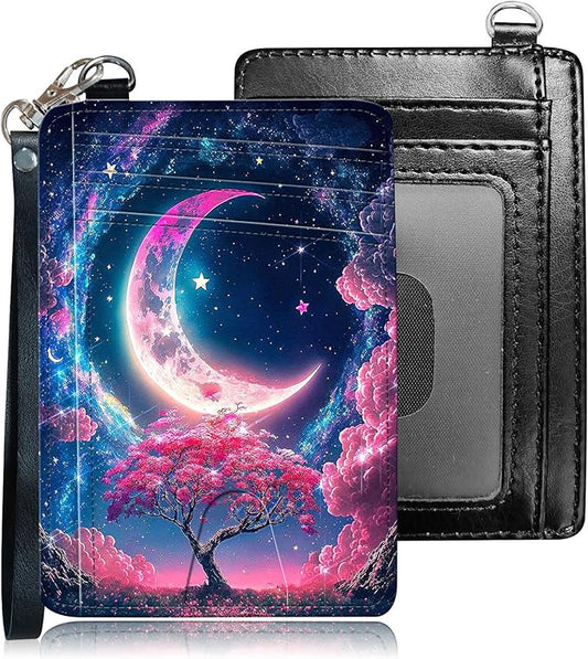 Slim RFID Blocking Card Holder Wallet with Wrist Strap - Minimalist Front Pocket Wallet, Sky Moon Design, PU Leathe, for Men & Women, Ideal for Travel & Gifts