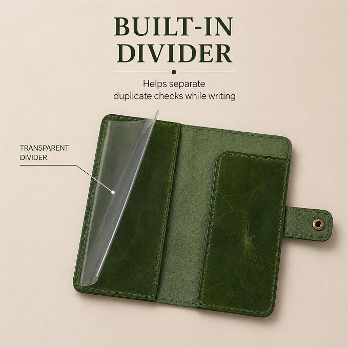 Genuine Leather Checkbook Cover Green - Handmade Check Holder with Divider & ID Window, Slim Organizer Wallet for Business, Travel & Everyday Use, 3.5 x 7 in