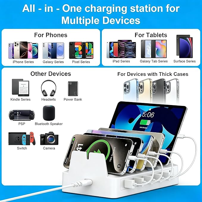 Charging Station for Multiple Devices, 6 Port USB Desktop Charger Dock Compatible with iPad, Samsung, Android, Tablet, Family Multi Phone Charging Organizer with Divider Holders, Fireproof ABS (White)