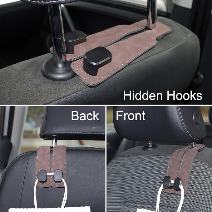 Car Seat Hooks for Headrest, Car Purse Hook & Back Storage Hook, Zinc Alloy & Suede Material Heavy Duty Car Hooks for Purses and Bags,Universal Fit for Most Vehicles (Brown-2 Pack)