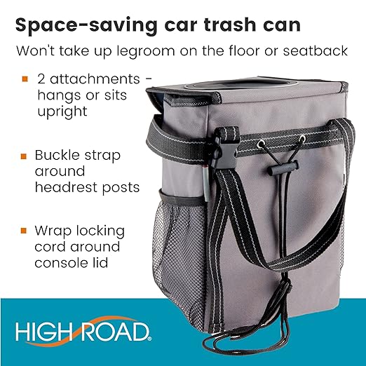 High Road StashAway Heavy Duty Car Trash Can with Rubber Lid, 3 Storage Pockets and Sturdy Panels for Stable Floor or Hanging Seatback Use (Gray)