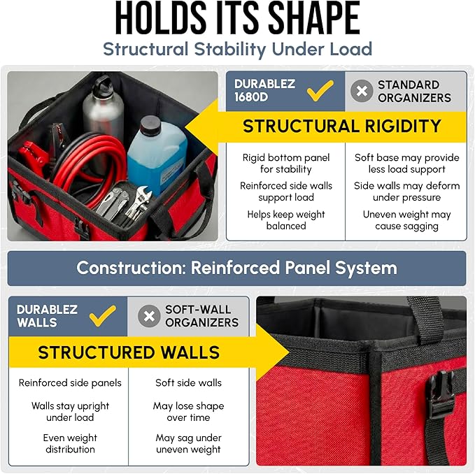 2-Section Foldable Trunk Organizer – Compact Car Storage for Groceries, Kids Items, Travel Gear – Dual-Compartment Cargo Bin with Cover Net – Red