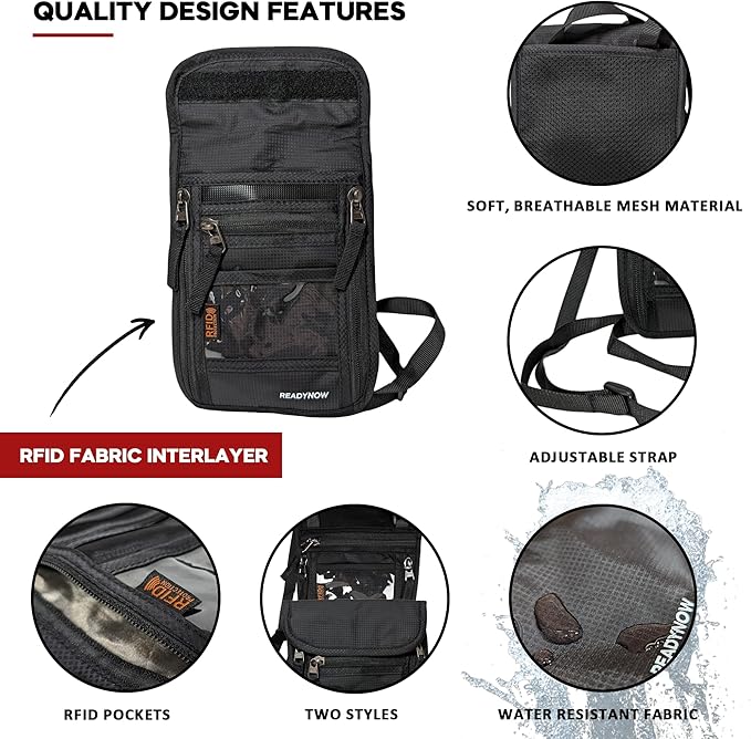 Travel Neck Wallet Passport Holder with RFID Blocking – Lightweight Pouch, Secure Organizer with 3 Zipper Pockets, ID Window, Adjustable Strap, Breathable Mesh Back – 8"x6" (Zipper Pocket Neck Wallet)