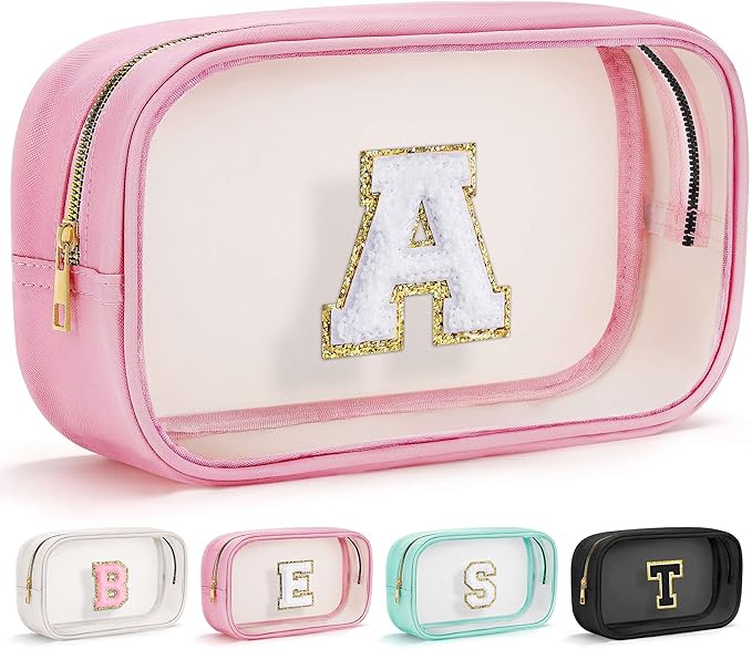 YOOLIFE Teacher Appreciation Gifts for Teacher Mothers Day Gifts for Daughter Mom Women Initial Clear Makeup Bag Travel Toiletry Bags Cosmetic Bag Birthday Graduation Gift for Teen Girls Pink A