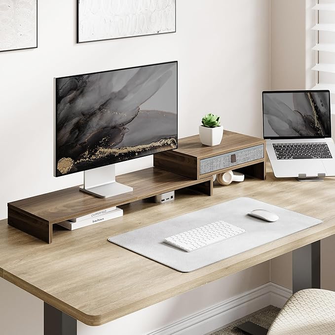 Fenge Computer Monitor Riser Stand with Drawer for 2 or 3 Monitors ,Adjustable Length and Angle Desktop Laptop Stand,Office Organizer,Printer